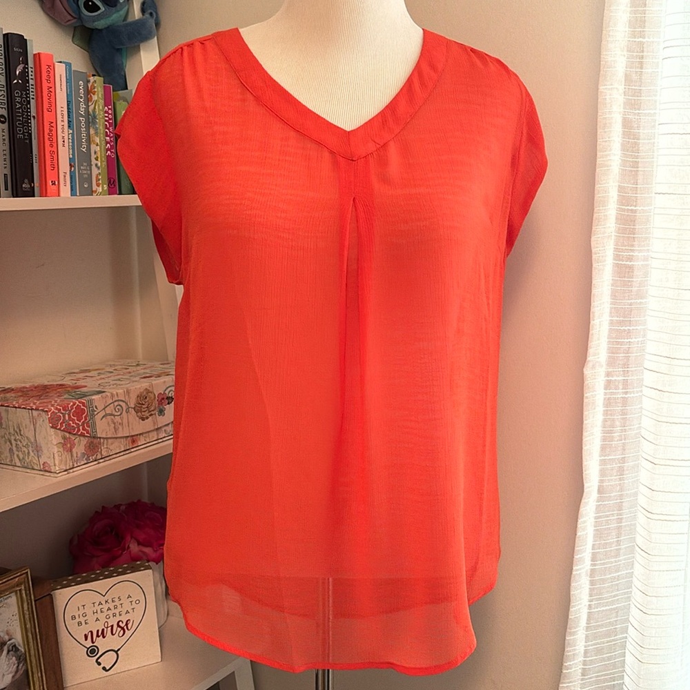 Coral Orange Cap Sleeve Sheer Blouse